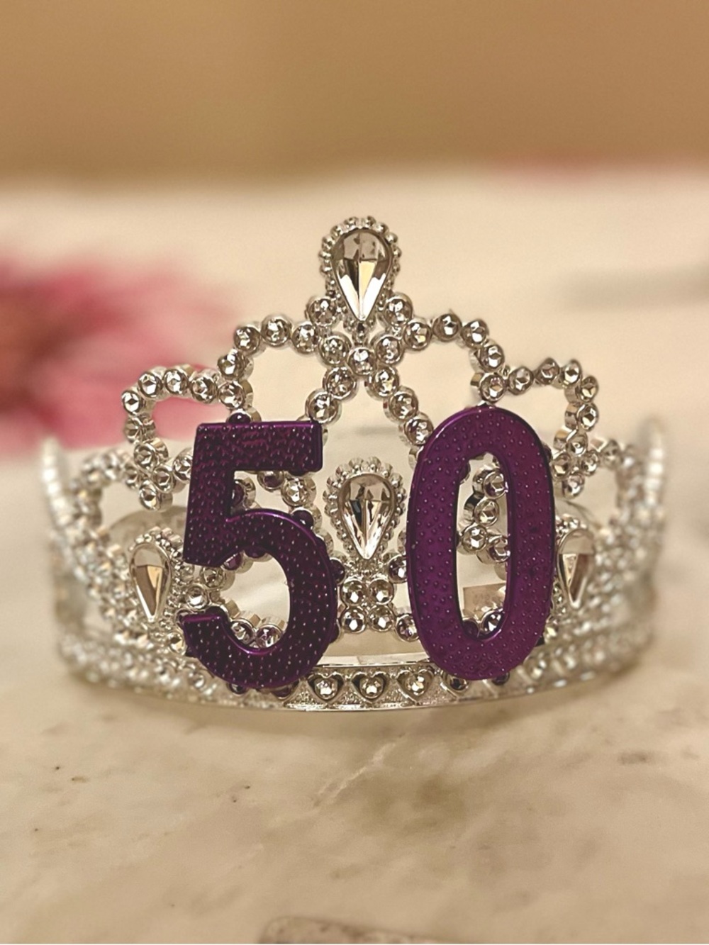 NWT 50th Birthday Tiara Silver Rhinestone Crown Purple 50 Accent Milestone Vtg